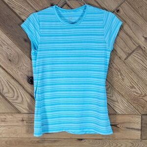 EP Sport Blue Striped Short Sleeve Activewear Shirt Size M Wrap Style Back